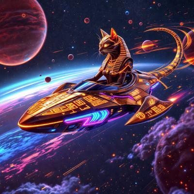 The primary subject of the image is a cat sitting on a spaceship. The spaceship is shaped like a cat and has a purple and gold color scheme. The setting is a space environment, with the spaceship flying through the sky. The visual style is digital art, as the image is a detailed and colorful illustration of the cat on the spaceship. The dominant colors are purple and gold, creating a vibrant and lively atmosphere.